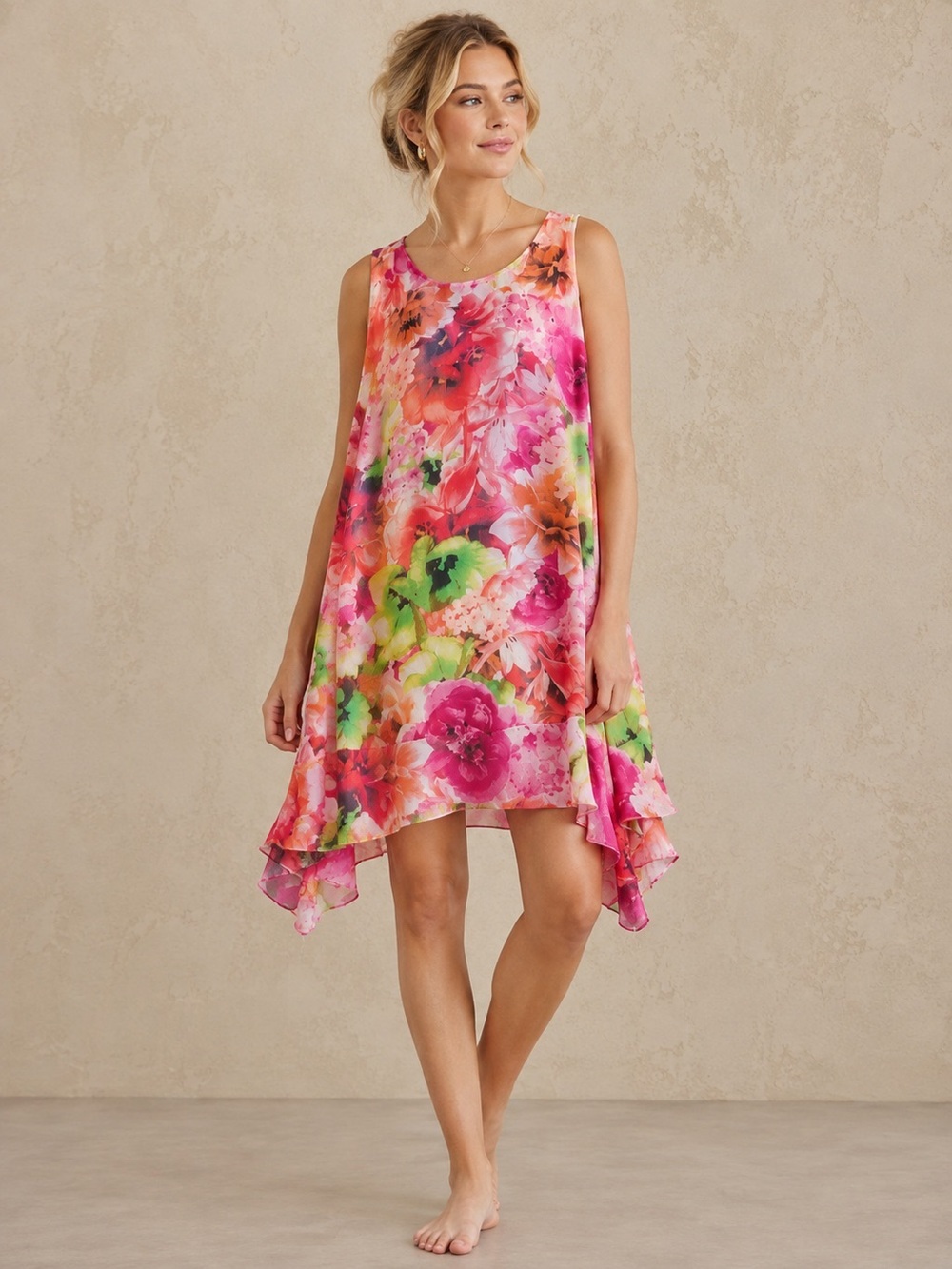 CeCe Pink Multi Floral Asymmetrical Hem Dress